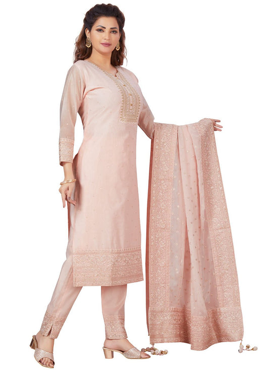 Salwar Suit Chanderi Peach Embroidered Salwar Kameez