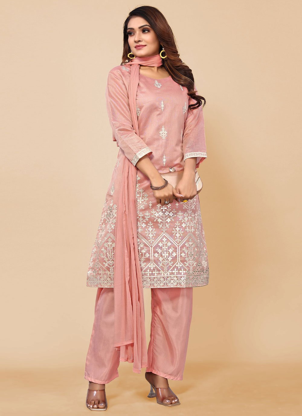 Salwar Suit Chanderi Silk Peach Embroidered Salwar Kameez