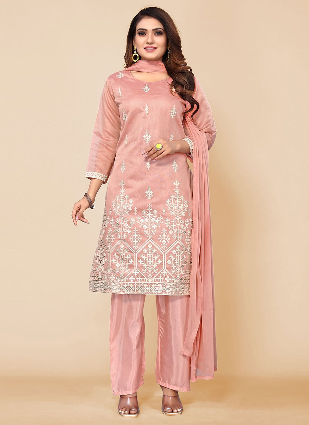 Salwar Suit Chanderi Silk Peach Embroidered Salwar Kameez