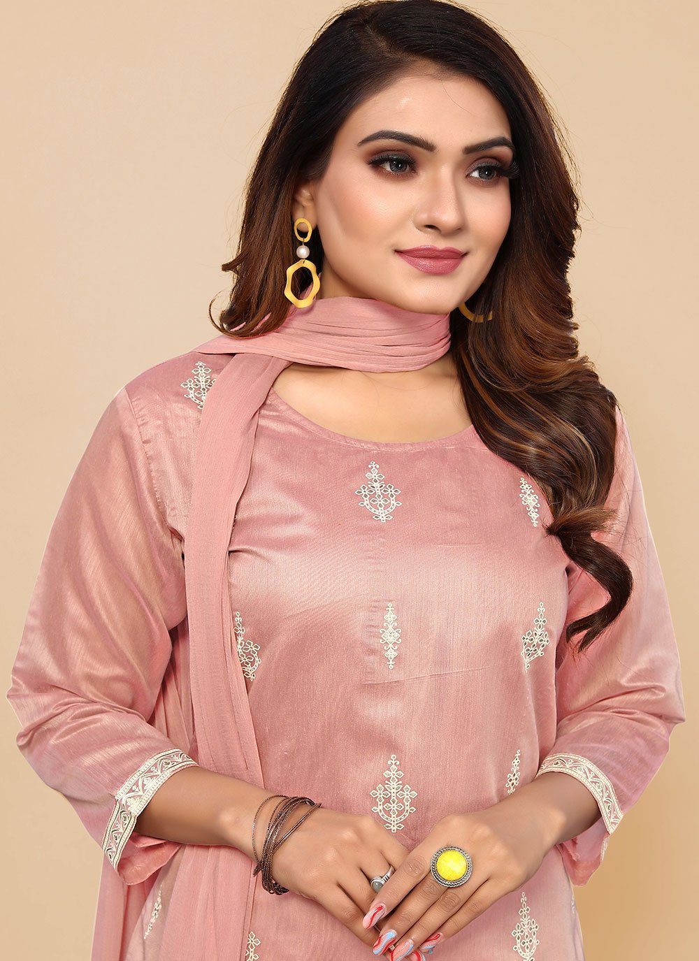 Salwar Suit Chanderi Silk Peach Embroidered Salwar Kameez