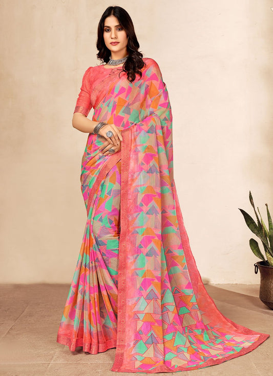 Contemporary Chiffon Peach Patch Border Saree