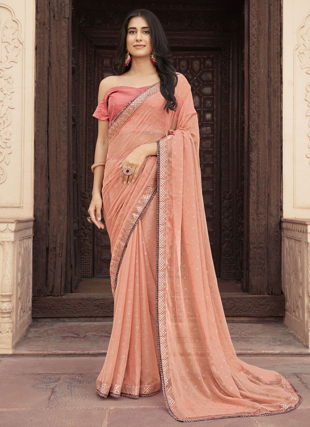 Trendy Saree Chiffon Peach Embroidered Saree