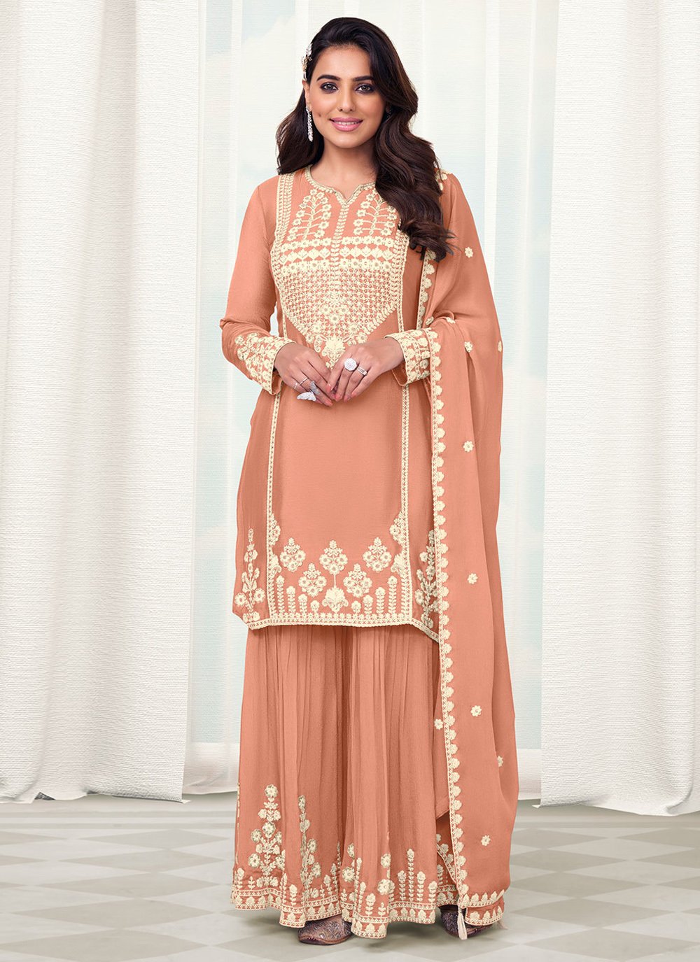 Sharara Set Chinon Peach Embroidered Salwar Kameez