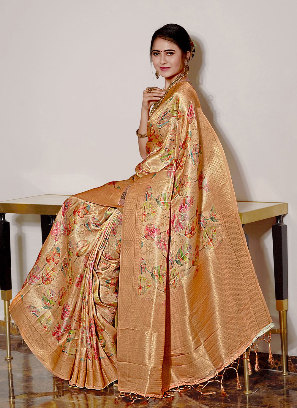 Classic Silk Peach Digital Print Saree