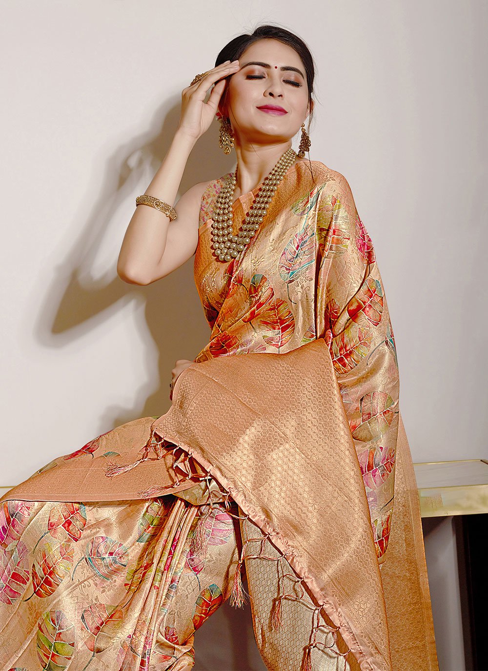 Classic Silk Peach Digital Print Saree