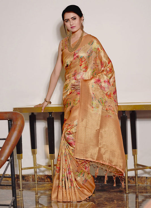 Classic Silk Peach Digital Print Saree