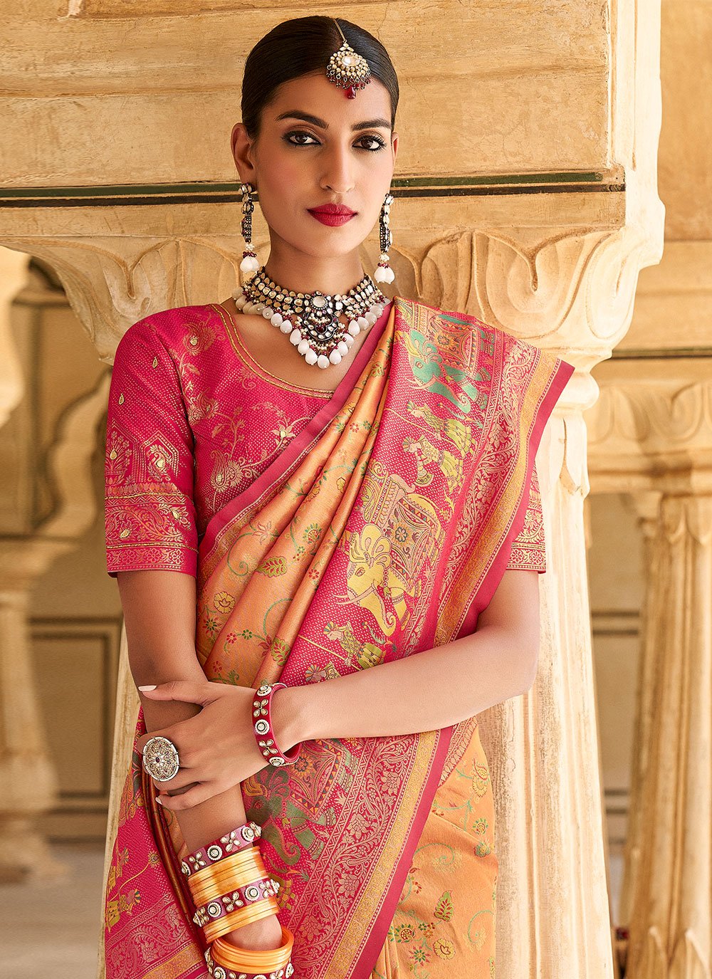 Classic Kanjivaram Silk Peach Weaving Saree