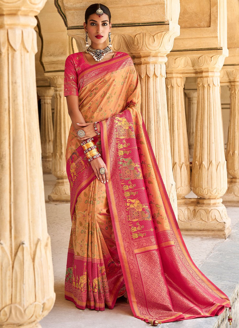 Classic Kanjivaram Silk Peach Weaving Saree