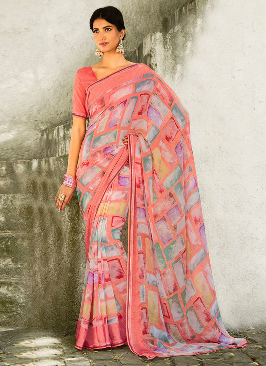 Classic Georgette Peach Lace Saree