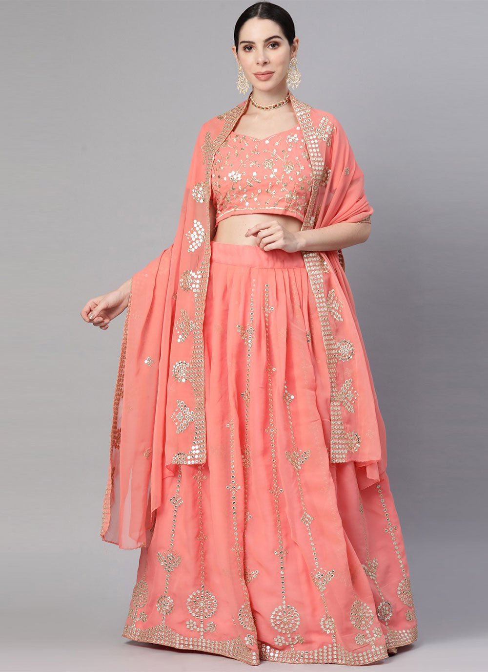 A Line Lehenga Georgette Peach Embroidered Lehenga Choli