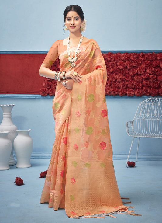 Designer Organza Peach Fancy Work Saree