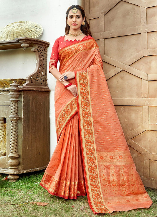 Designer Silk Peach Weaving Saree