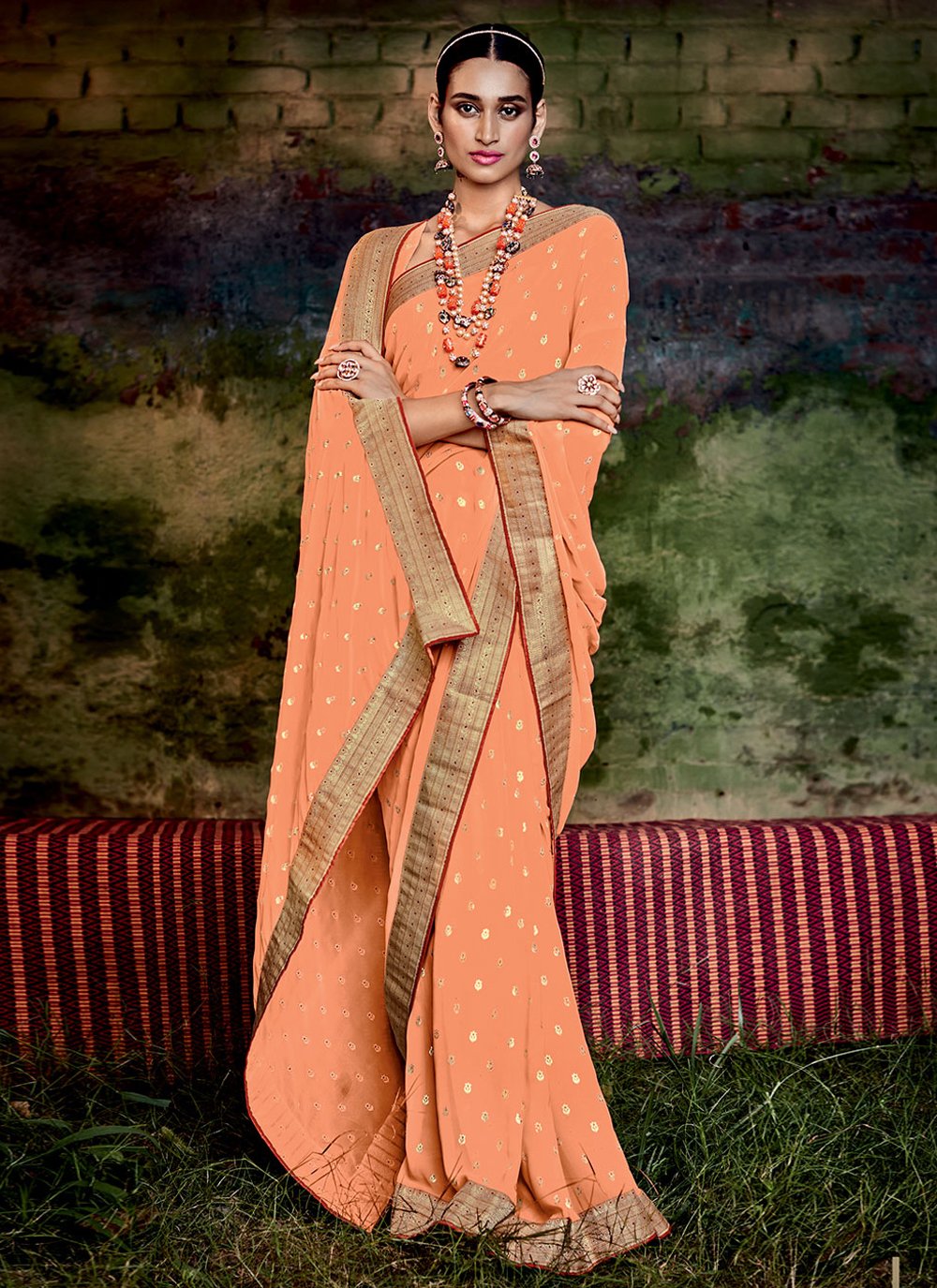 Classic Georgette Peach Foil Print Saree