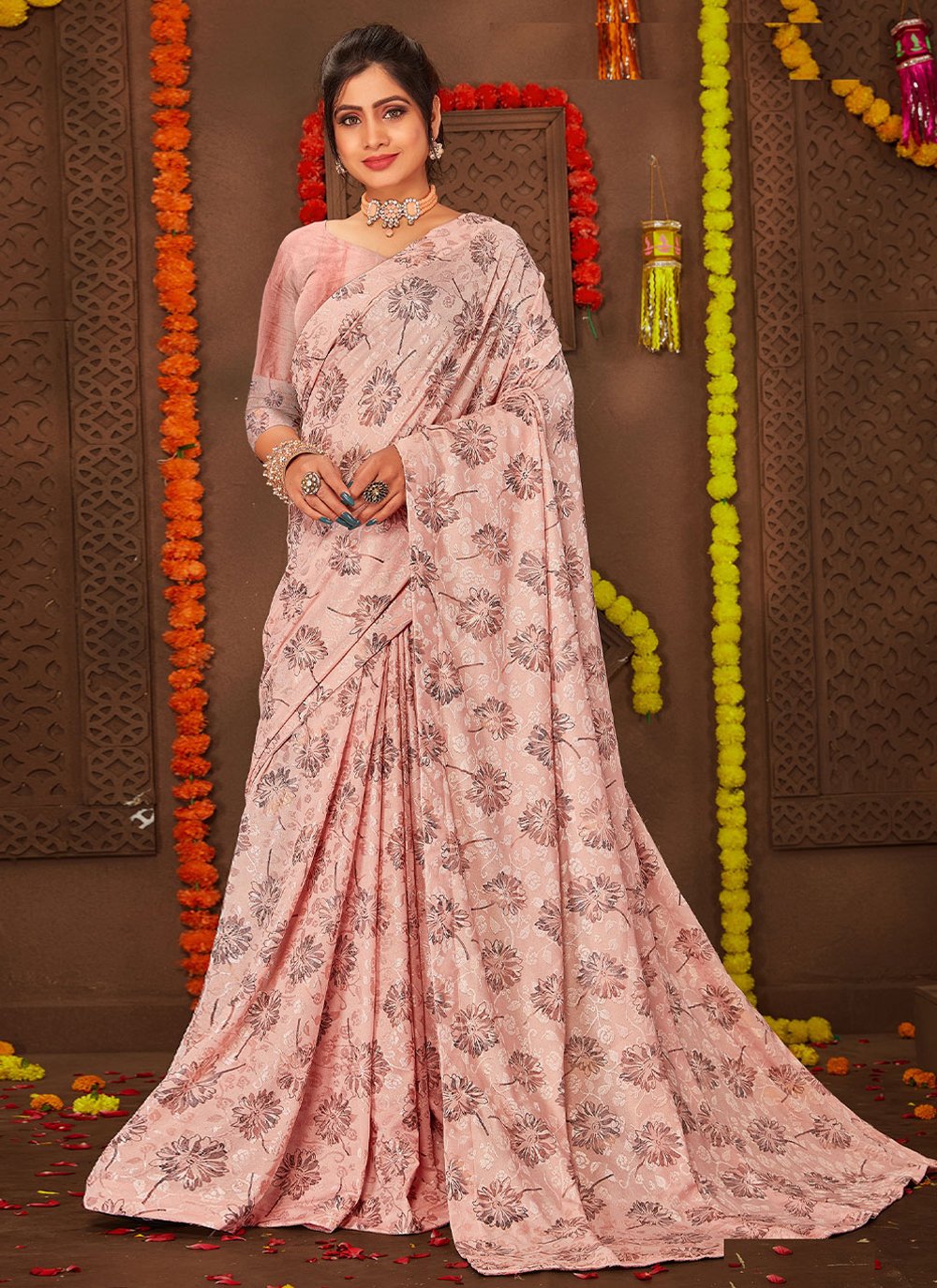 Classic Net Peach Print Saree