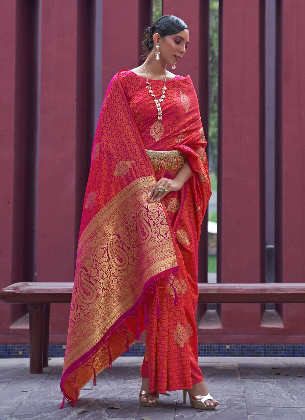 Contemporary Satin Silk Peach Weaving Saree