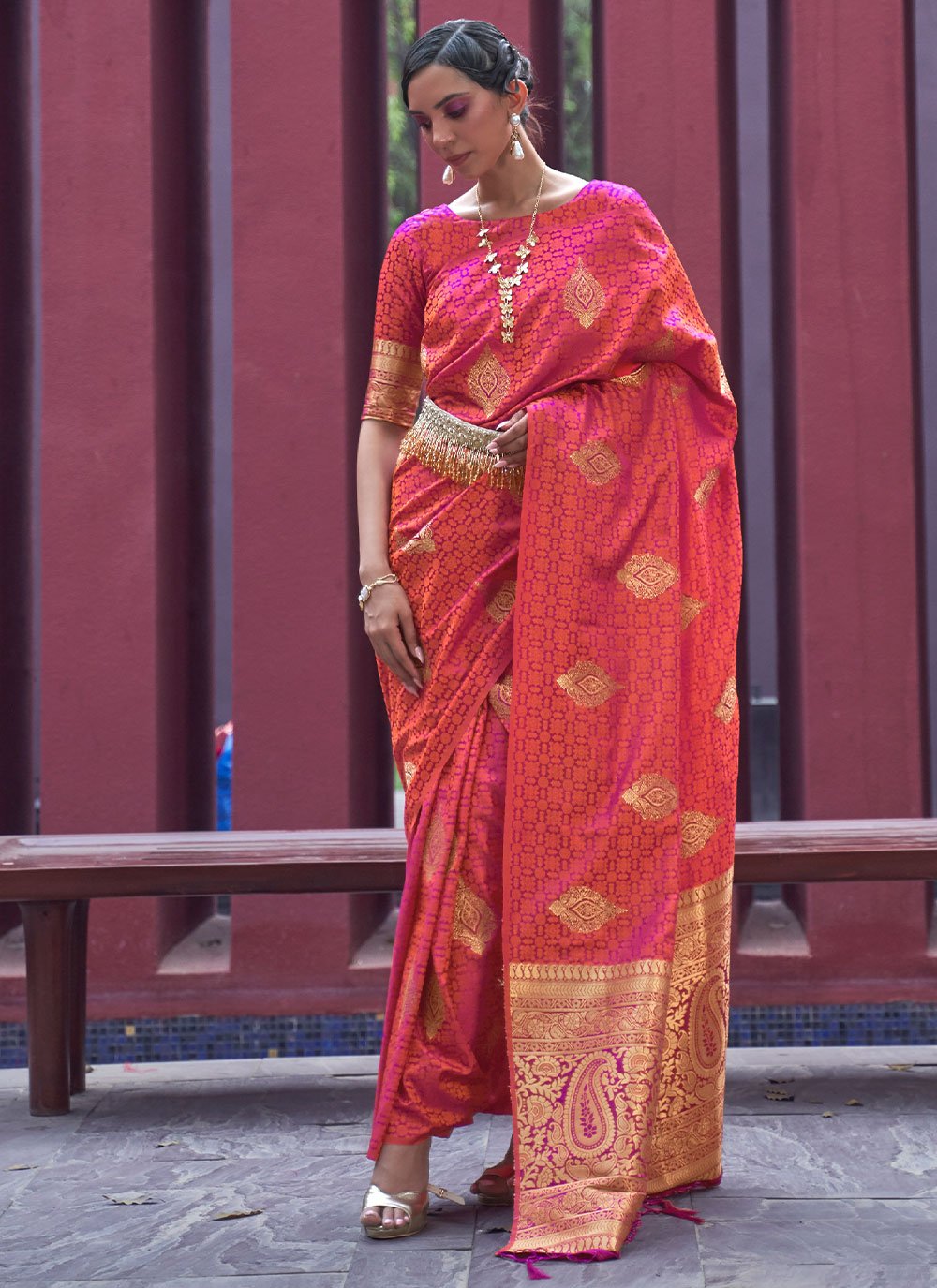 Contemporary Satin Silk Peach Weaving Saree
