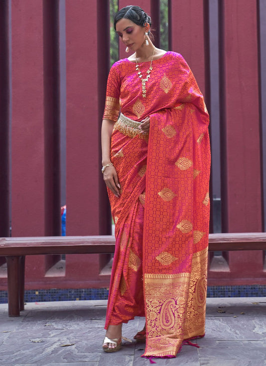 Contemporary Satin Silk Peach Weaving Saree