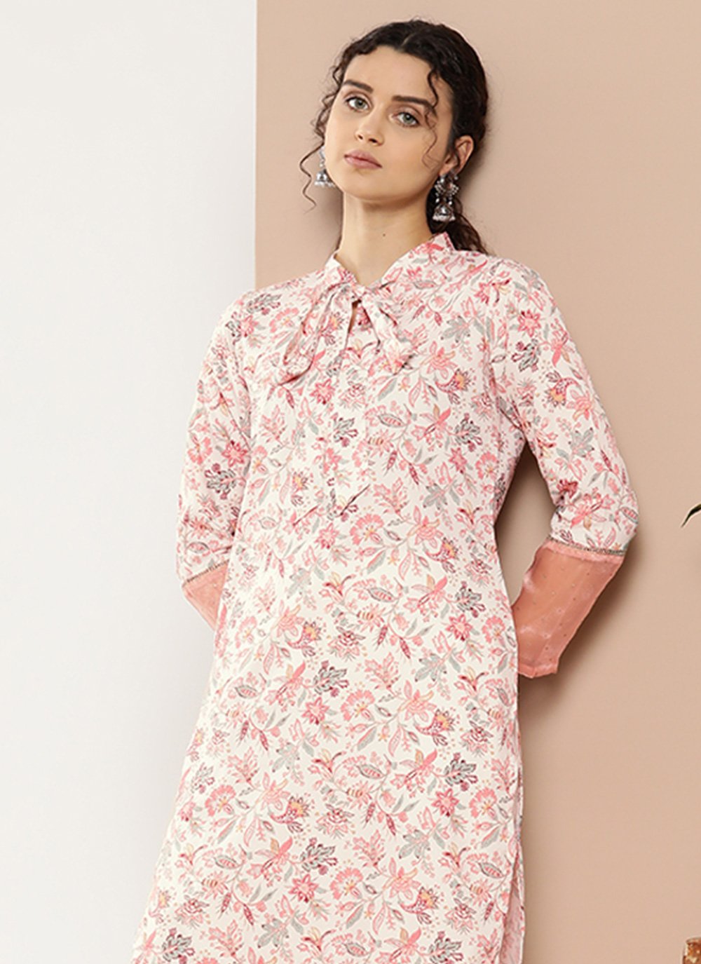 Designer Kurti Faux Crepe Peach Floral Patch Kurtis