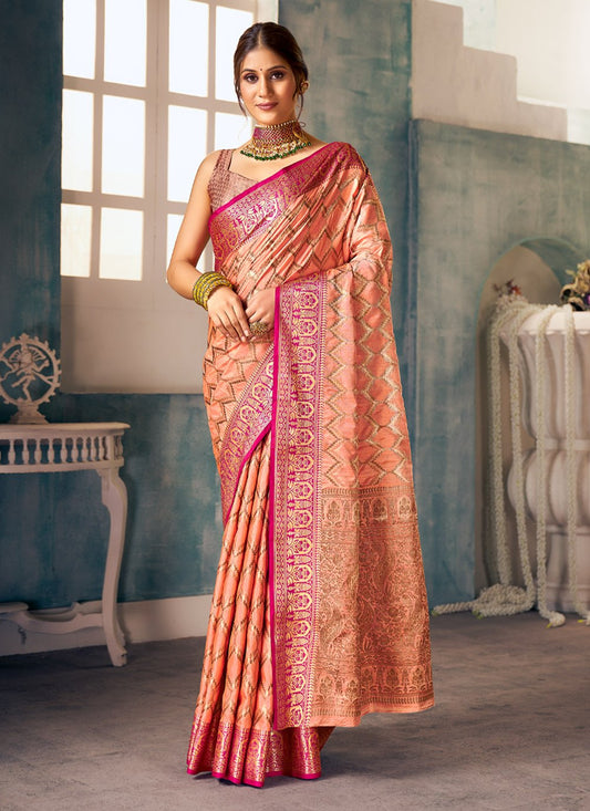 Traditional Saree Banarasi Silk Peach Weaving Saree