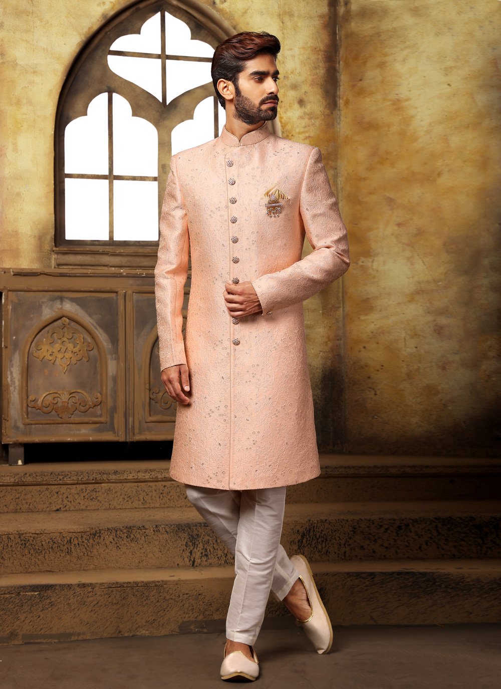 Indo Western Sherwani Imported Peach Jacquard Work Mens