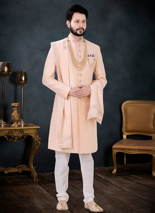 Indo Western Sherwani Silk Peach Embroidered Mens