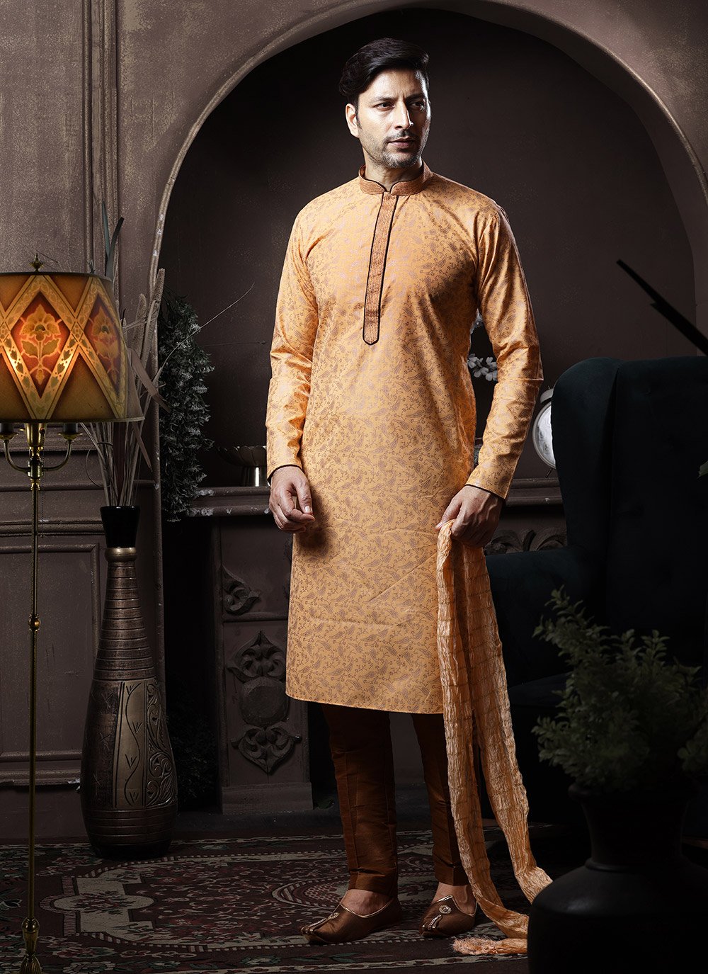 Kurta Pyjama Cotton Peach Print Mens