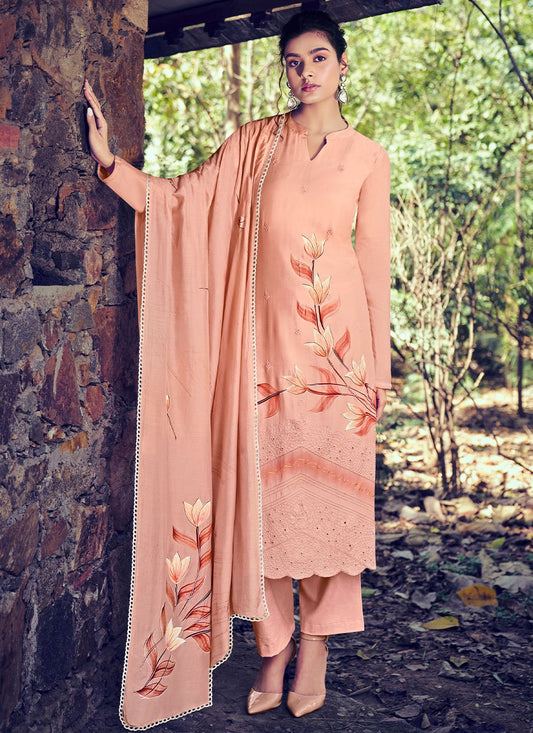 Floor Lenght Salwar Suit Bembarg Muslin Peach Embroidered Salwar Kameez