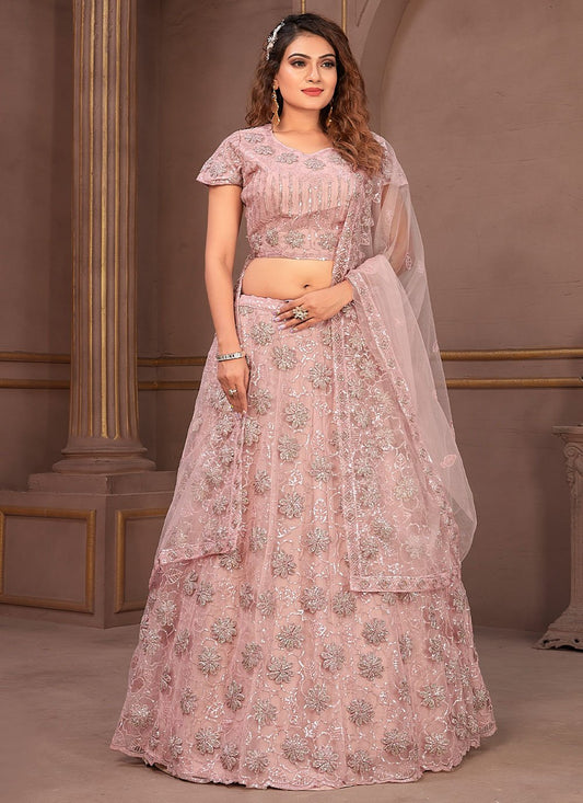 Readymade Lehenga Choli Net Peach Cord Work Lehenga Choli