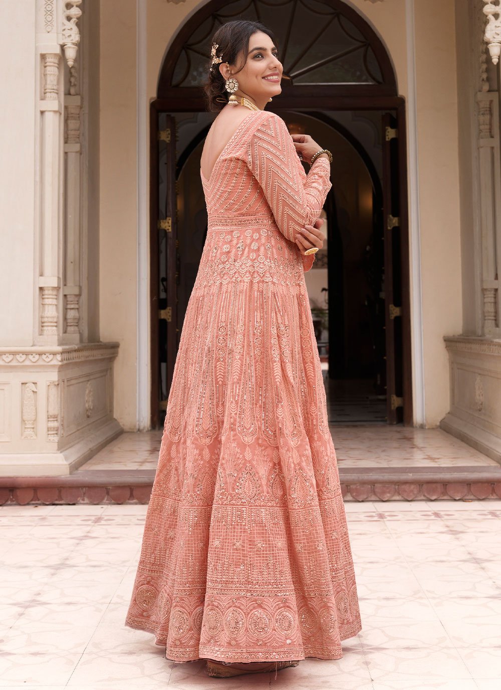 Salwar Suit Georgette Peach Embroidered Salwar Kameez