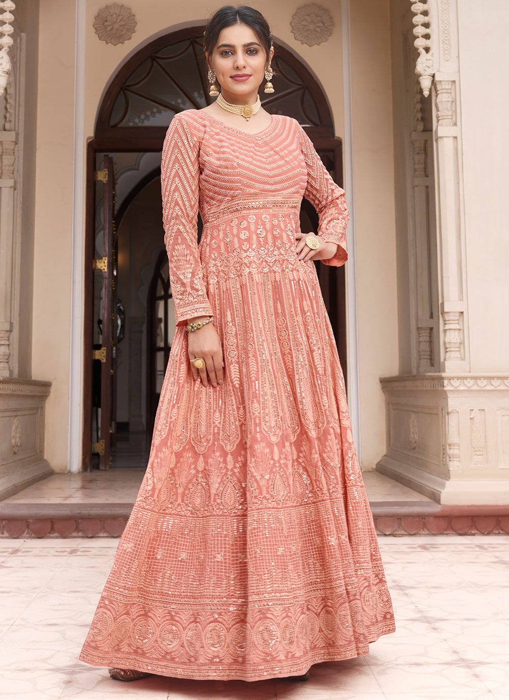 Salwar Suit Georgette Peach Embroidered Salwar Kameez