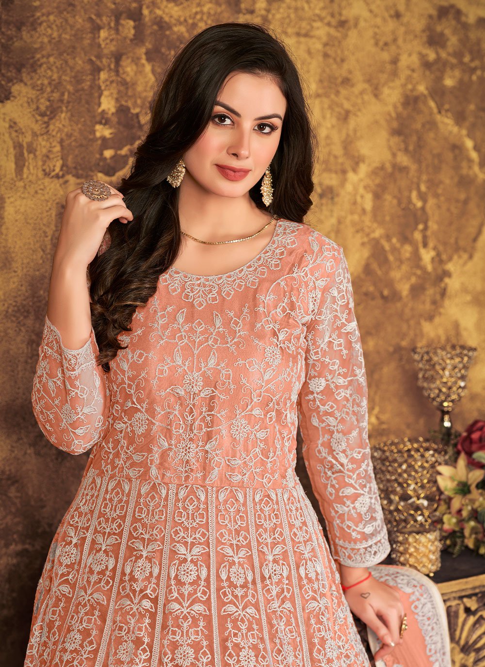 Salwar Suit Net Peach Cord Work Salwar Kameez