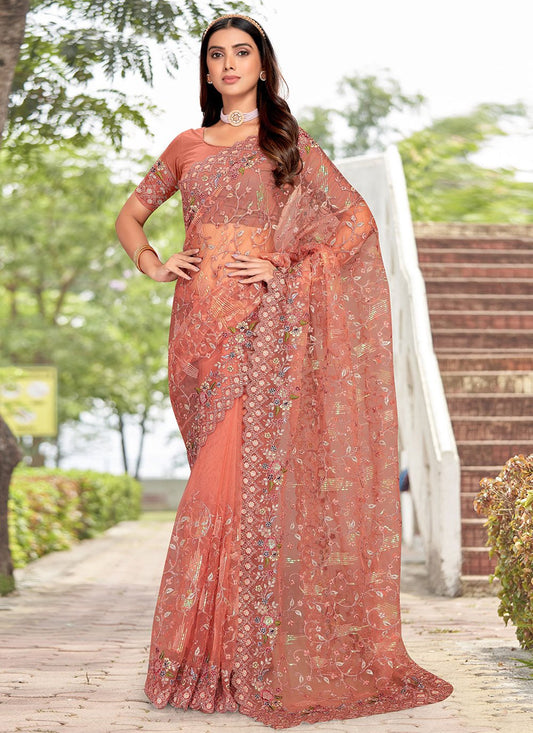 Traditional Saree Net Peach Embroidered Saree