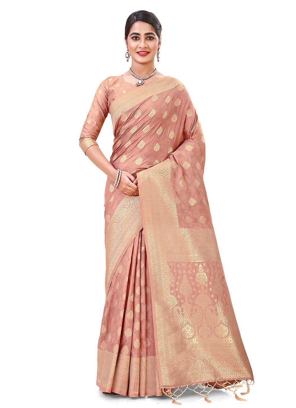 Contemporary Silk Peach Weaving Saree