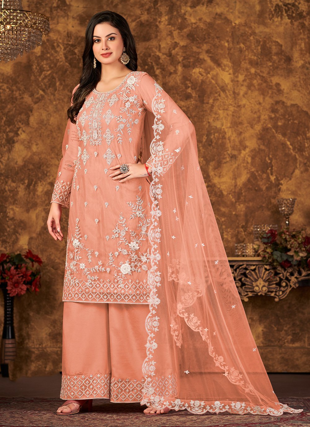 Salwar Suit Net Peach Cord Work Salwar Kameez