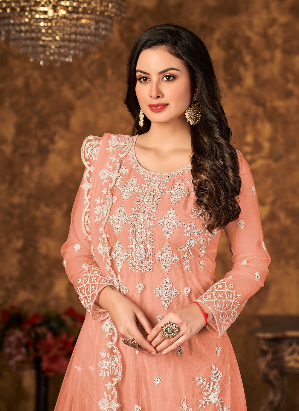 Salwar Suit Net Peach Cord Work Salwar Kameez