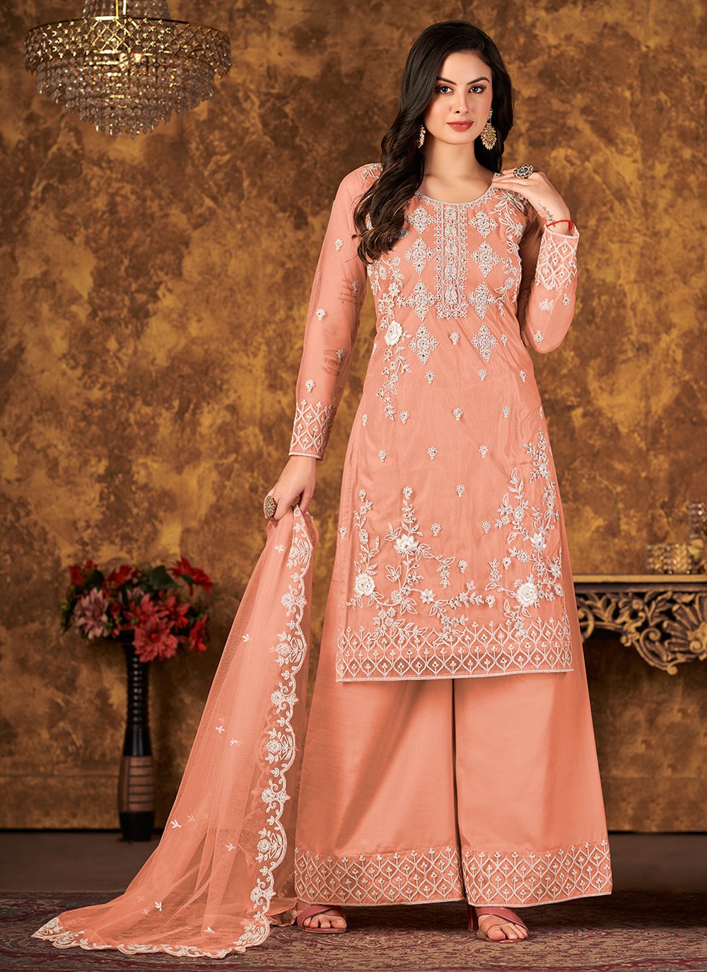 Salwar Suit Net Peach Cord Work Salwar Kameez