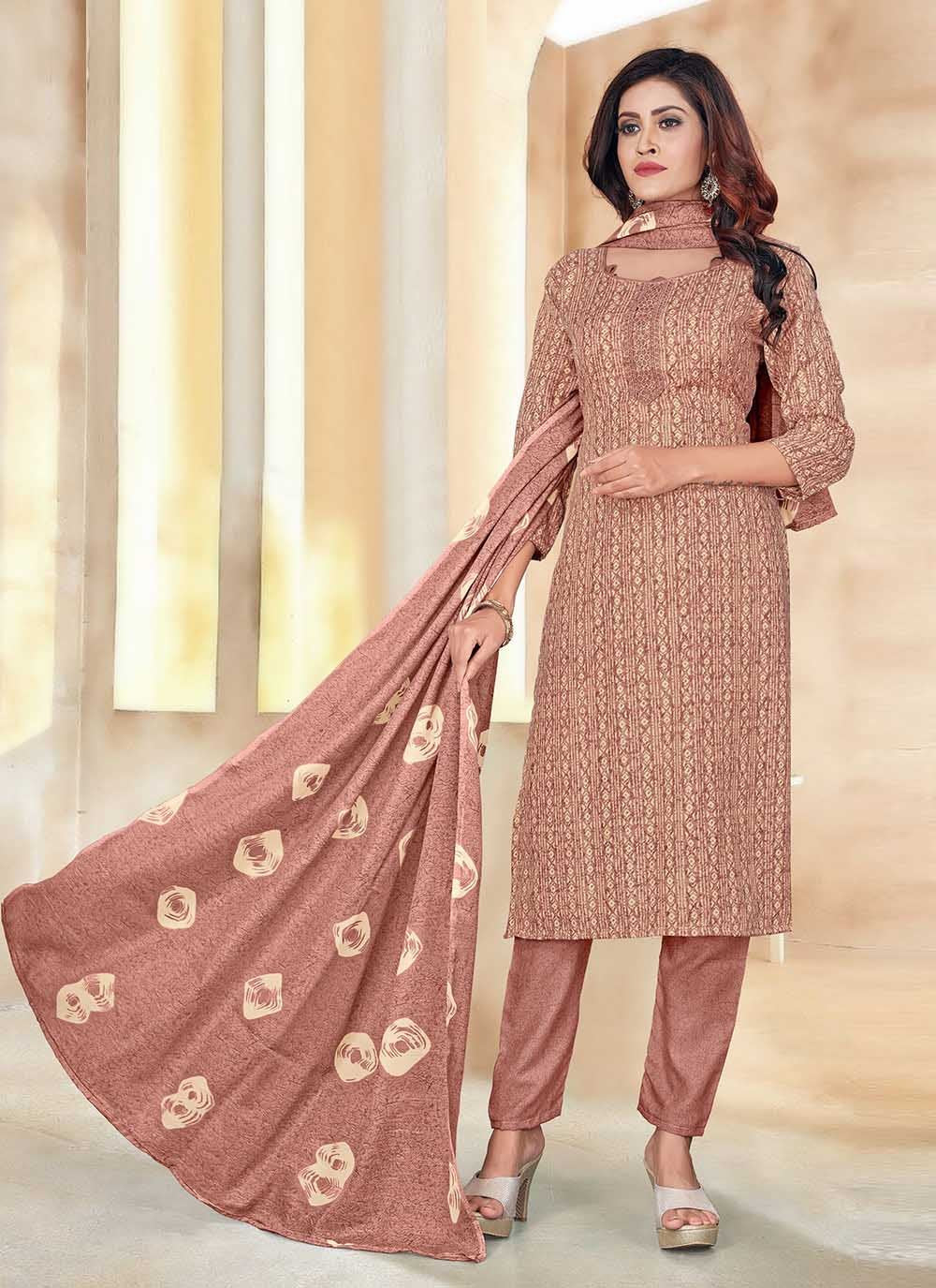 Salwar Suit Cotton Peach Print Salwar Kameez