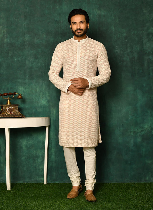 Kurta Pyjama Cotton Peach Chikankari Work Mens