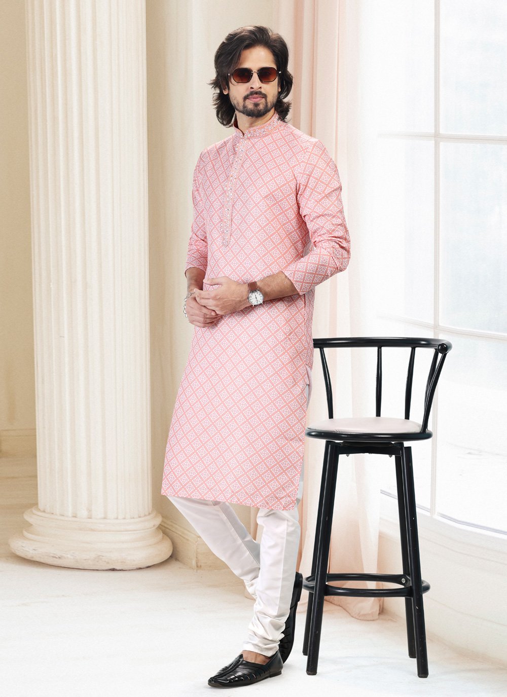 Kurta Pyjama Cotton Peach Fancy Work Mens