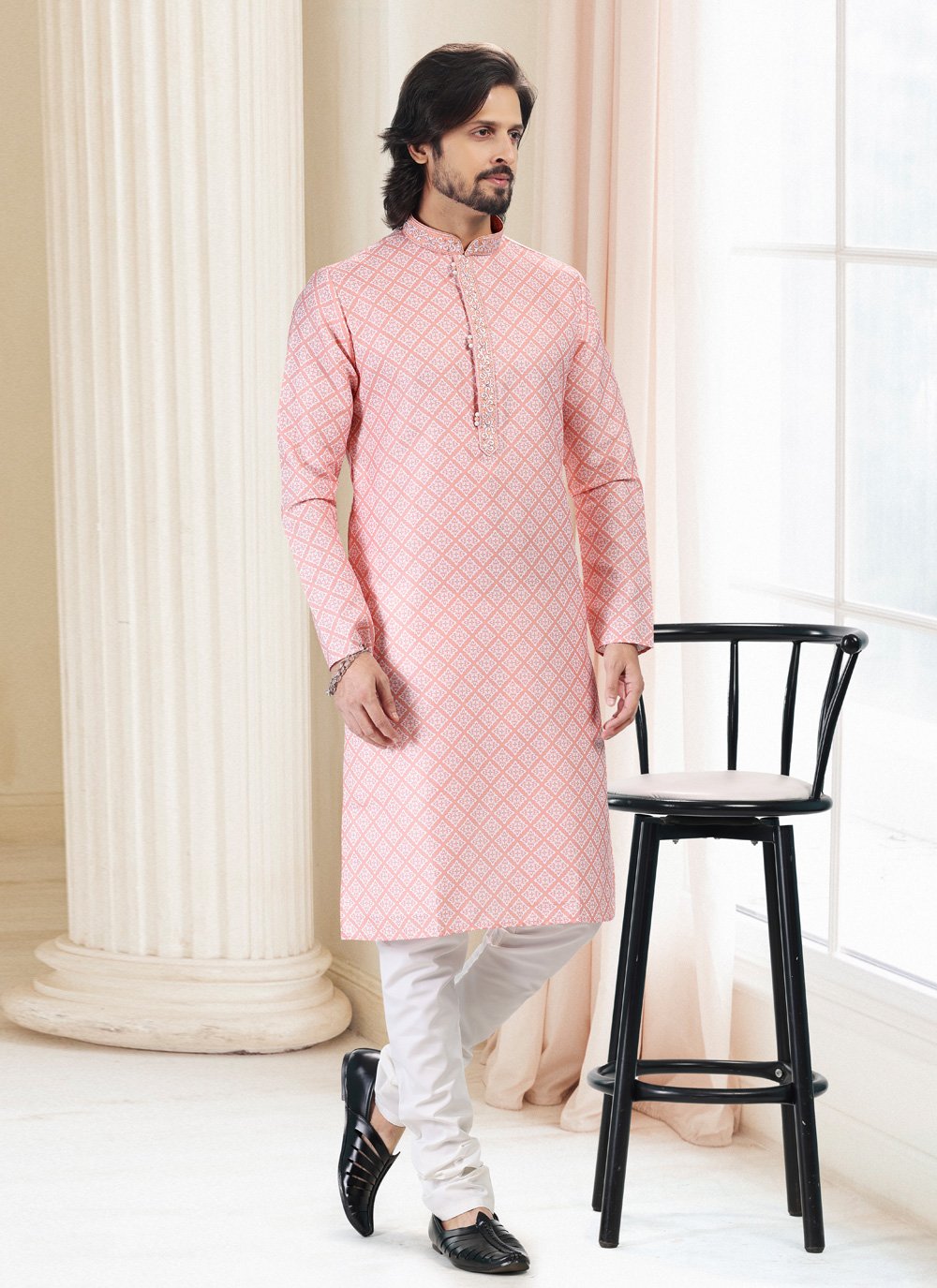 Kurta Pyjama Cotton Peach Fancy Work Mens