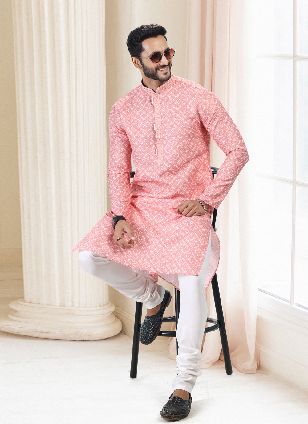 Kurta Pyjama Cotton Peach Fancy Work Mens