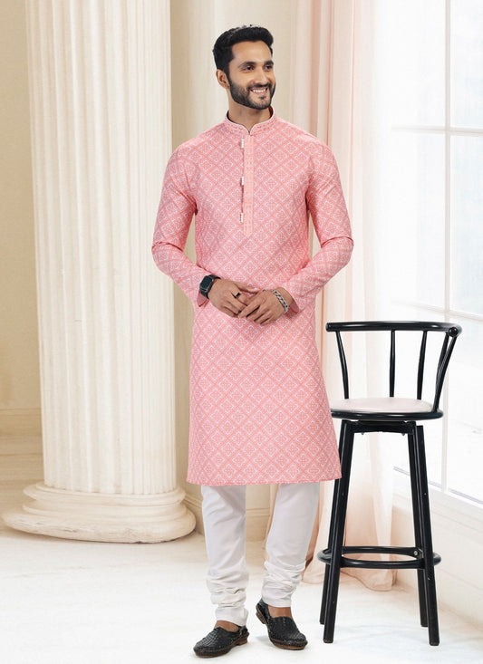 Kurta Pyjama Cotton Peach Fancy Work Mens