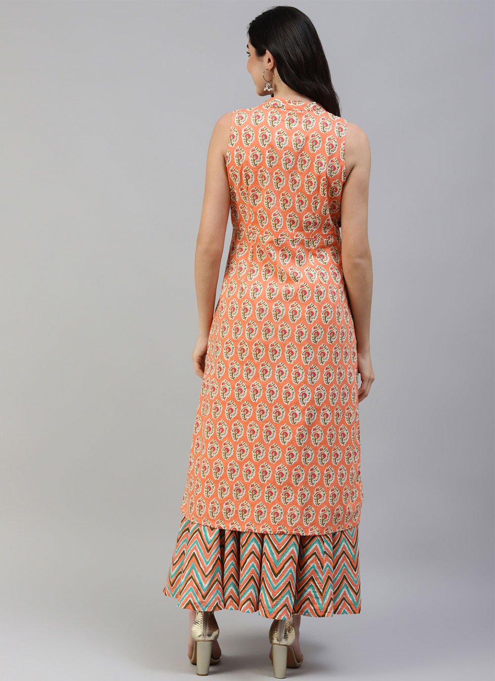 Party Wear Kurti Cotton Peach Print Kurtis