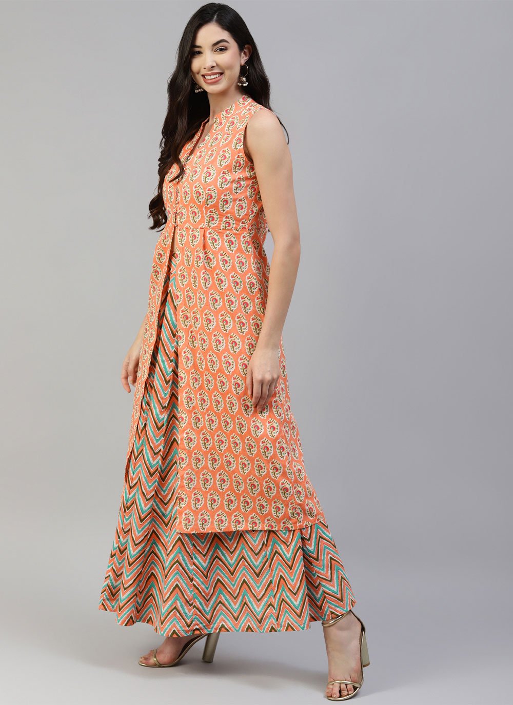 Party Wear Kurti Cotton Peach Print Kurtis