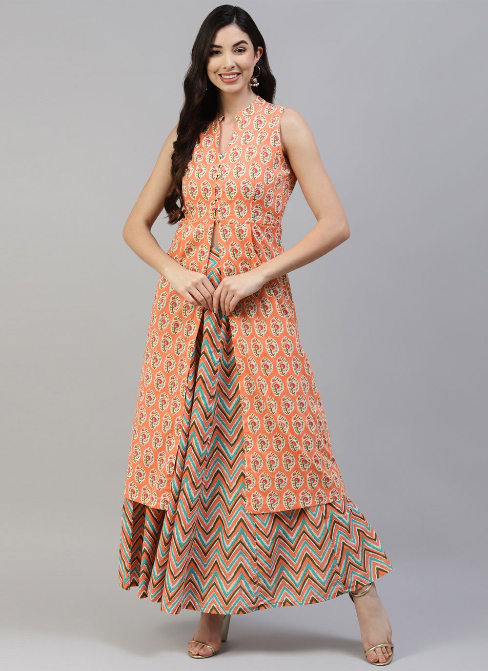 Party Wear Kurti Cotton Peach Print Kurtis