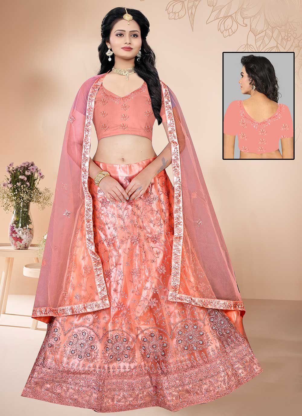 Lehenga Choli Net Peach Diamond Lehenga Choli