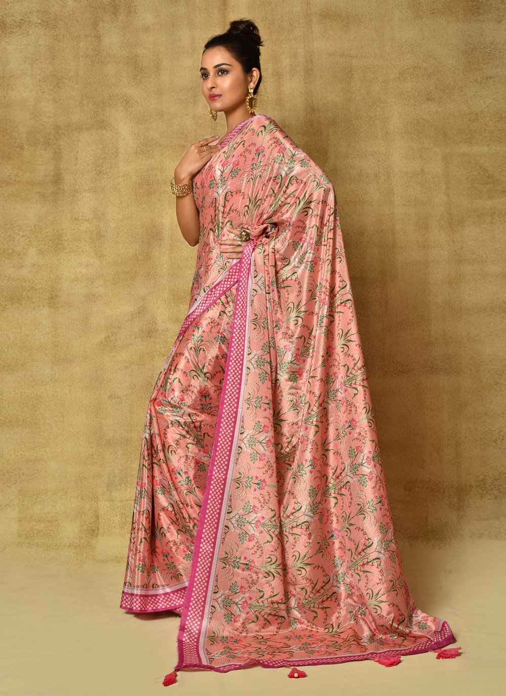 Designer Chinon Peach Digital Print Saree