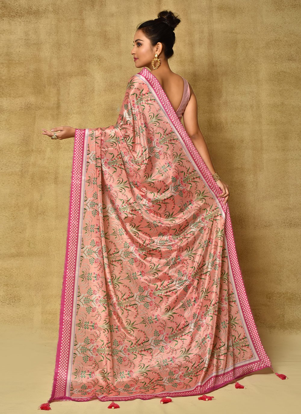 Designer Chinon Peach Digital Print Saree