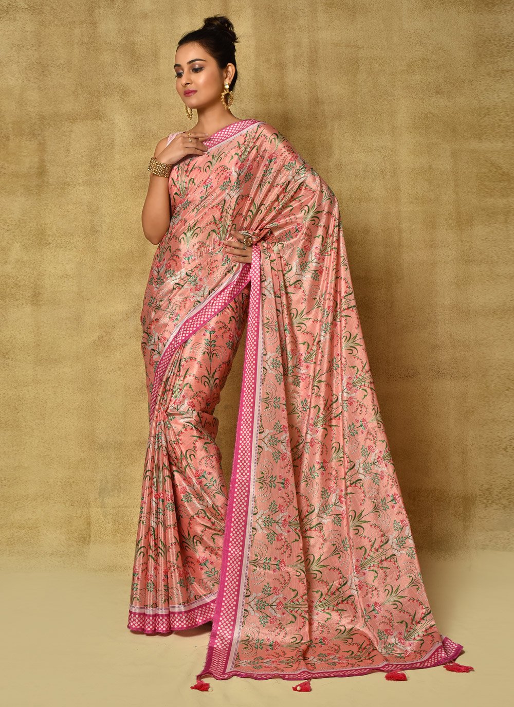 Designer Chinon Peach Digital Print Saree