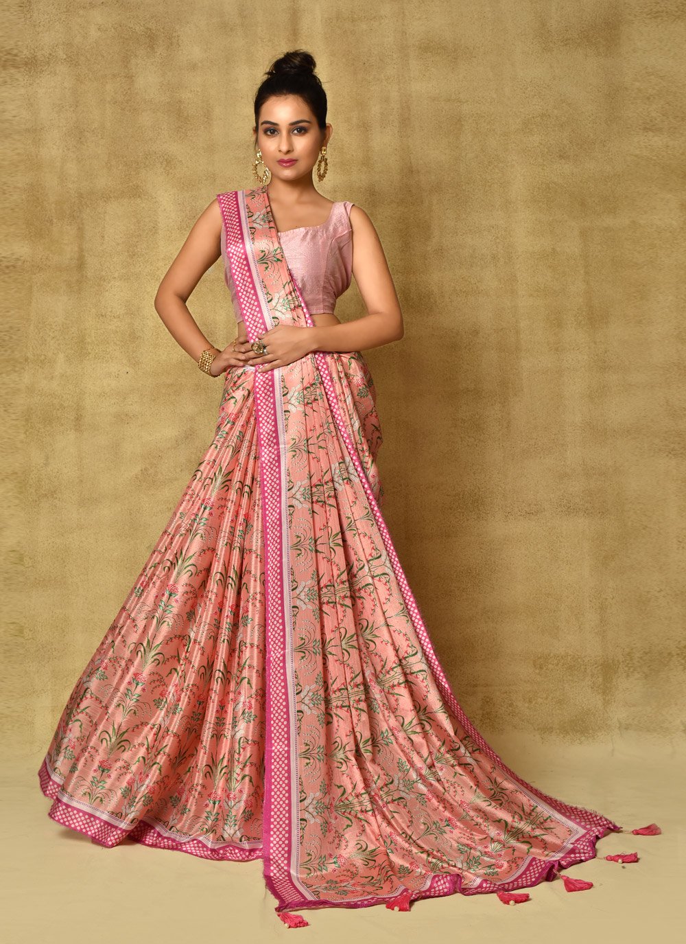 Designer Chinon Peach Digital Print Saree